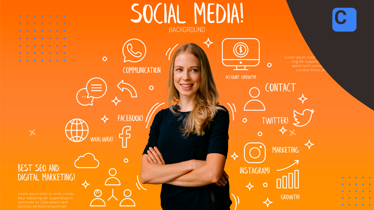 Social media marketing strategy illustration with business professional